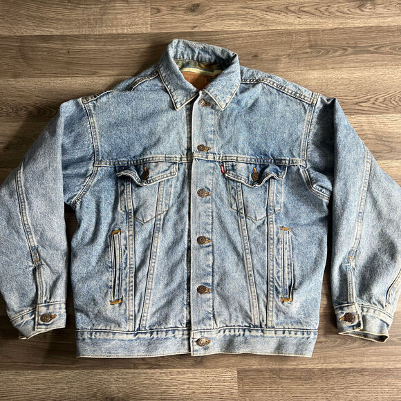 VTG Levi's Trucker Jacket Men's Small Aztec Southwest Lined Blue Denim Jean 1990 - Picture 1 of 16